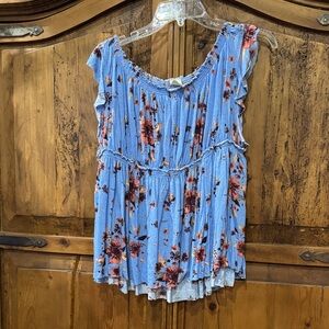 Free People Blue Floral Ruffle Sleeve Tunic Top